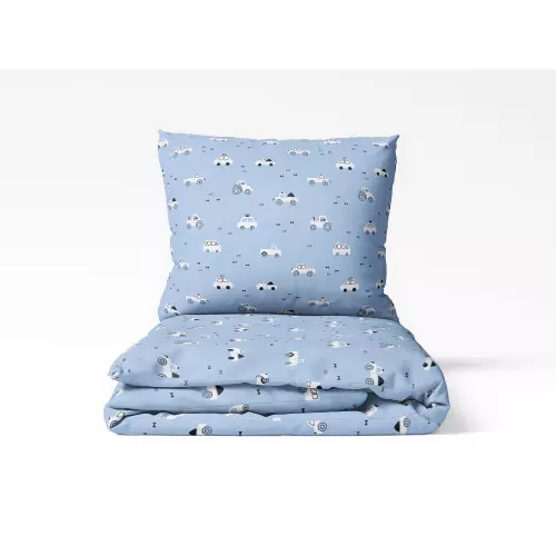 Dětské bavlněné povlečení Bílá autíčka na modré 140x200+70x90