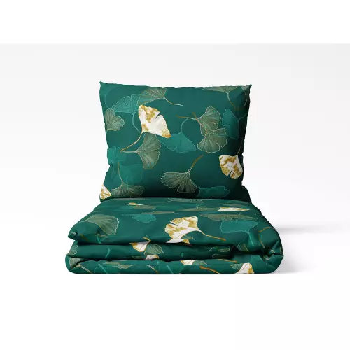 Bavlněné povlečení Ginkgo na tm. zelené 140x200+70x90