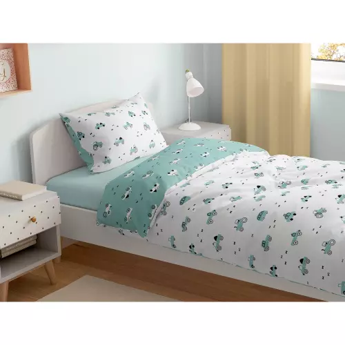 Dětské bavlněné povlečení Zelená a bílá autíčka - vende 140x200+70x90