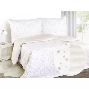 Perkálové povlečení Béžové proužky a hvězdičky 140x200+70x90