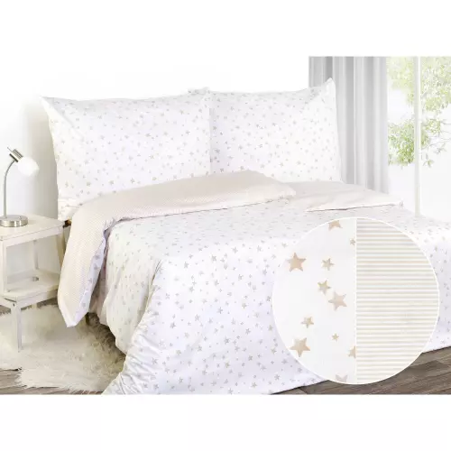 Perkálové povlečení Béžové proužky a hvězdičky 140x200+70x90