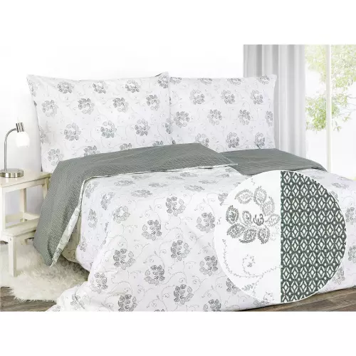 Saténové povlečení Zelené květy a geometrické tvary 140x200+70x90