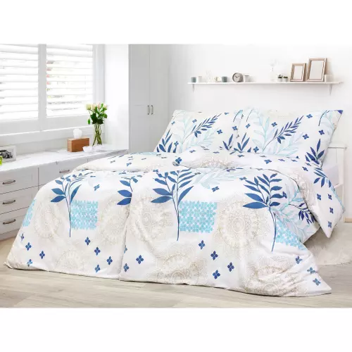 Saténové povlečení Modré listy s mandalou 140x200+70x90