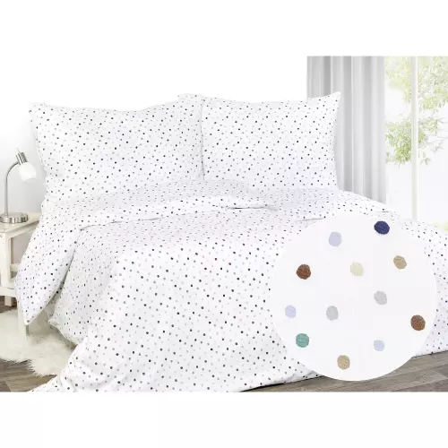 Saténové povlečení Petrolejové a barevné puntíky na bílé 140x200+70x90