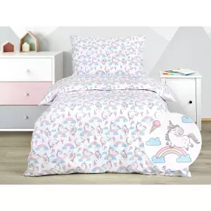 Dětské bavlněné povlečení Jednorožec s duhou na bílé 140x200+70x90
