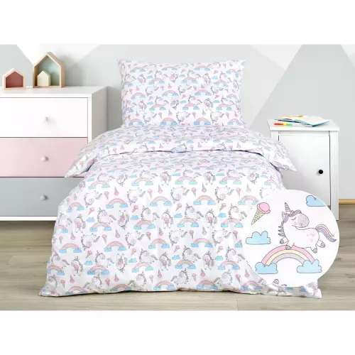 Dětské bavlněné povlečení Jednorožec s duhou na bílé 140x200+70x90
