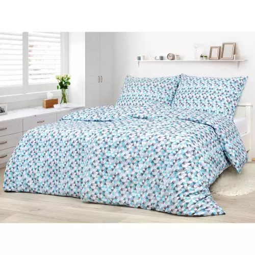 Bavlněné povlečení - tyrkysové a šedé trojúhelníky 140x200+70x90