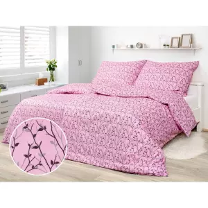 Bavlněné povlečení - šedé větvičky na růžové 140x200+70x90