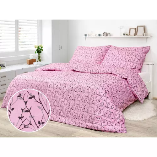 Bavlněné povlečení - šedé větvičky na růžové 140x200+70x90