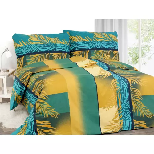 Bavlněné povlečení - žluté listy s tyrkysovou 140x200+70x90