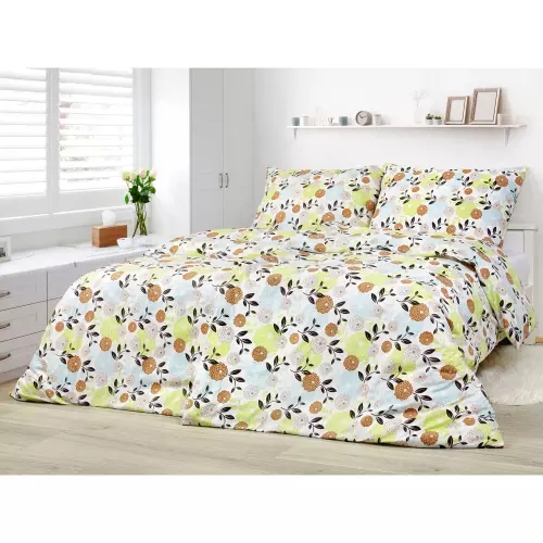 Bavlněné povlečení - zelené a hnědé květy na bílé 140x200+70x90