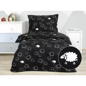 Dětské bavlněné povlečení - bílé ovečky na černé 140x200+70x90