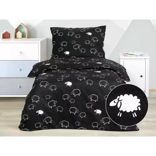 Dětské bavlněné povlečení - bílé ovečky na černé 140x200+70x90