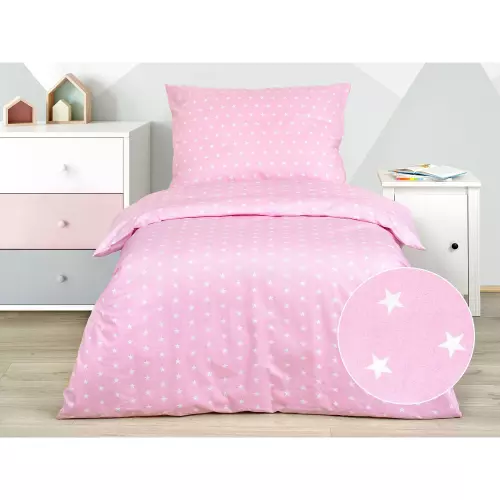 Dětské bavlněné povlečení - bílé hvězdy na růžové 140x200+70x90