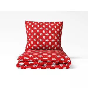 Vánoční bavlněné povlečení - hvězdy a stromky na červené 140x200+70x90