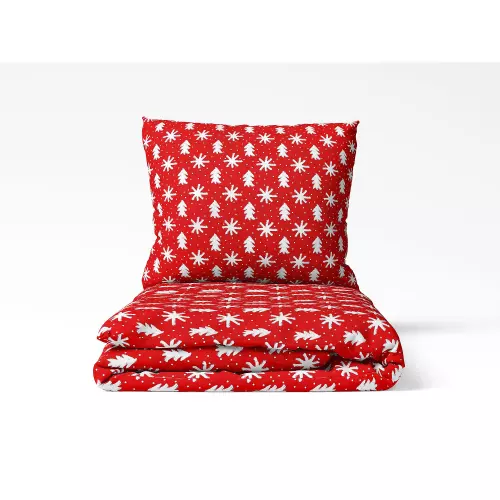 Vánoční bavlněné povlečení - hvězdy a stromky na červené 140x200+70x90