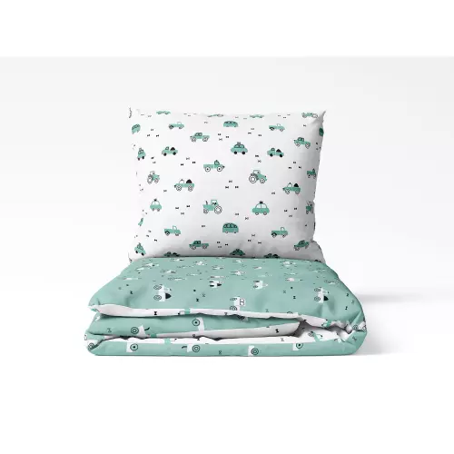 Dětské bavlněné povlečení - zelená a bílá autíčka vende - do postýlky 90x140+40x60