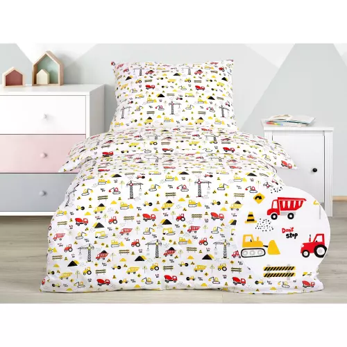 Dětské bavlněné povlečení - stavební stroje na bílé 140x200+70x90