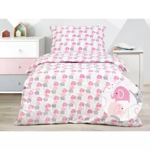 Dětské bavlněné povlečení - růžoví a šedí sloníci 140x200+70x90