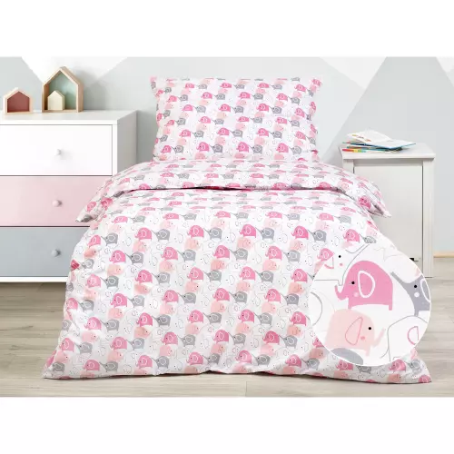 Dětské bavlněné povlečení - růžoví a šedí sloníci 140x200+70x90