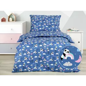 Dětské bavlněné povlečení - pandy s duhou na modré 140x200+70x90