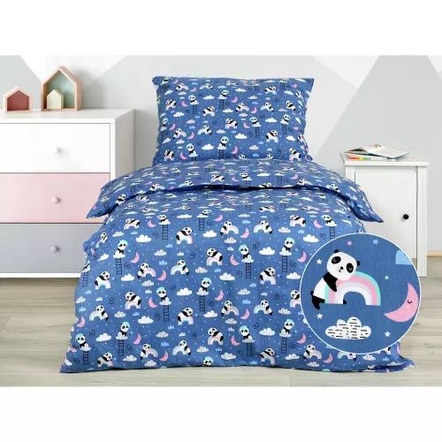 Dětské bavlněné povlečení - pandy s duhou na modré 140x200+70x90