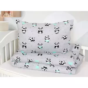 Dětské bavlněné povlečení - panda na šedé - do postýlky 90x140+40x60