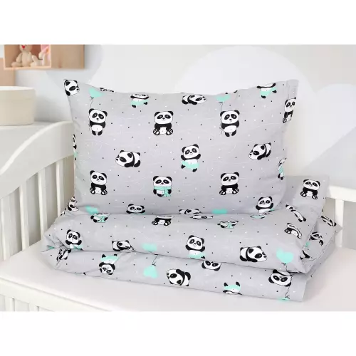 Dětské bavlněné povlečení - panda na šedé - do postýlky 90x140+40x60