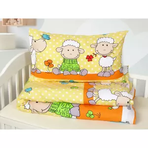Dětské bavlněné povlečení - ovečky na oranžové - do postýlky 90x140+40x60