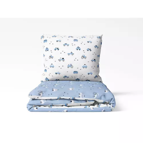 Dětské bavlněné povlečení - modrá a bílá autíčka vende - do postýlky 90x140+40x60
