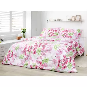 Bavlněné povlečení - růžovo-zelený květ na bílé 140x200+70x90