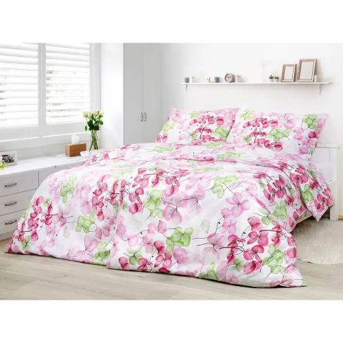 Bavlněné povlečení - růžovo-zelený květ na bílé 140x200+70x90