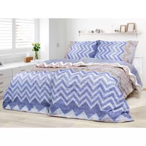 Bavlněné povlečení - modro-hnědý cikcak 140x200+70x90