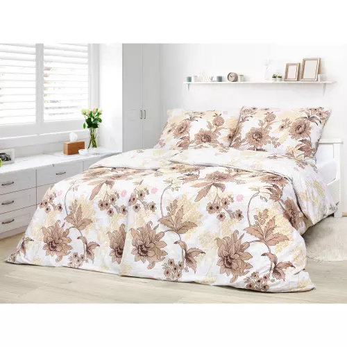 Bavlněné povlečení - hnědé květy na bílé 140x200+70x90