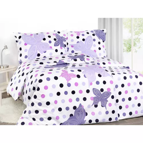 Bavlněné povlečení - fialoví motýli s puntíky 140x200+70x90