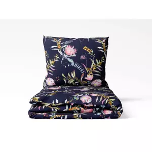 Bavlněné povlečení - růžové květy na modré 140x200+70x90