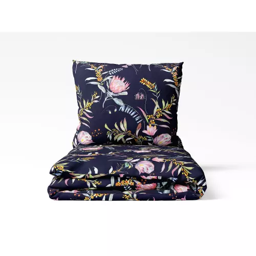 Bavlněné povlečení - růžové květy na modré 140x200+70x90