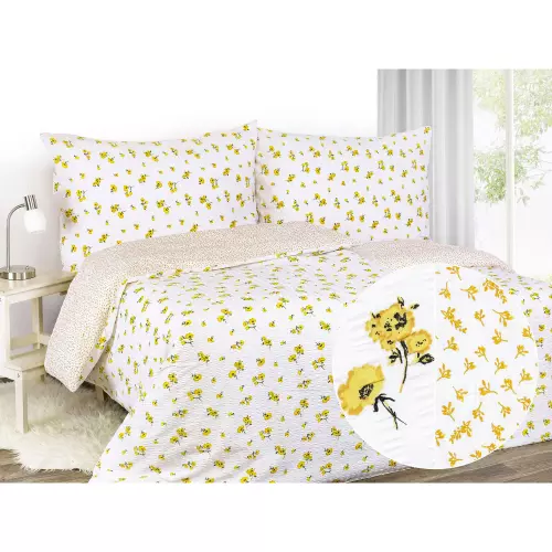 Krepové povlečení - žluté květy na bílé 140x220+70x90