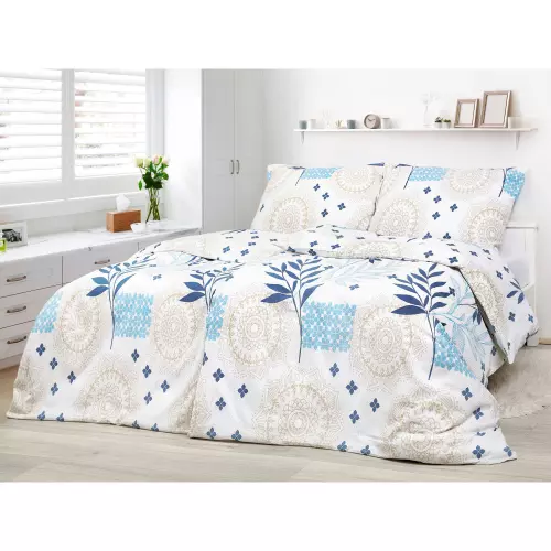 Krepové povlečení - modré listy s mandalou 140x200+70x90