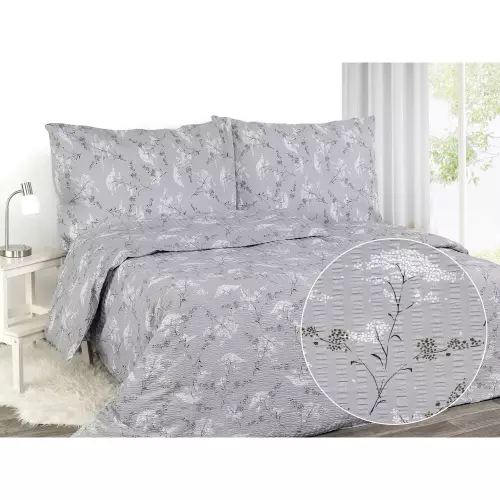 Krepové povlečení - květ sakury na šedé 140x220+70x90