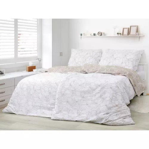 Krepové povlečení - bílé květy na světle hnědé 140x220+70x90