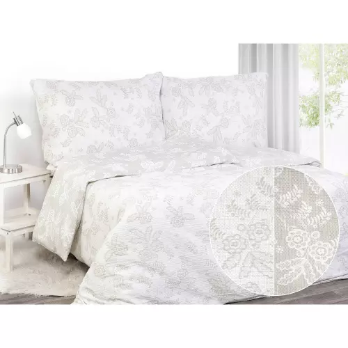 Krepové povlečení - bílé květy na béžové 240x200+2ks 70x90