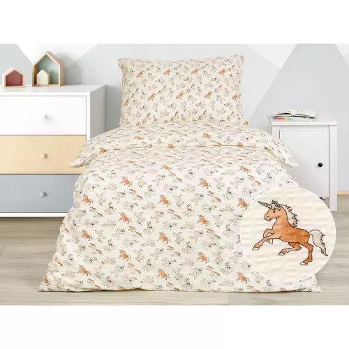 Dětské krepové povlečení - jednorožci na režné 140x200+70x90