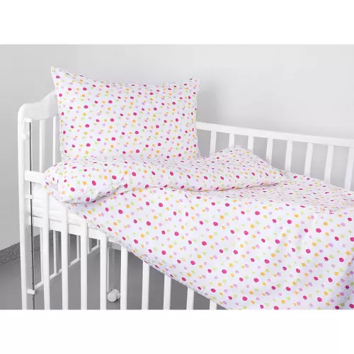 Dětské krepové povlečení - barevné puntíky na bílé - do postýlky 90x140+40x60