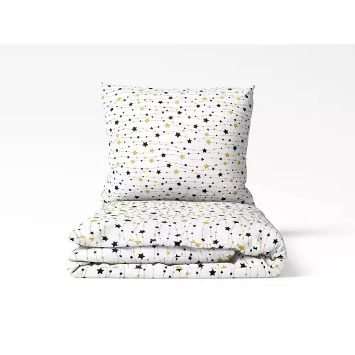 Flanelové povlečení - zlaté a černé hvězdy na bílé 140x200+70x90