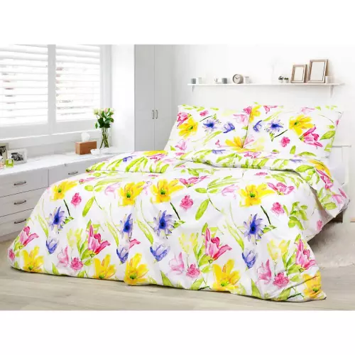 Bavlněné povlečení - žluté květy s tulipány 200x220+ 2ks 70x90