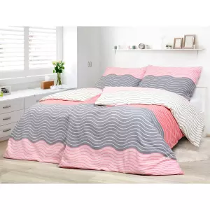 Krepové povlečení - šedé a růžové vlnky 240x200+2ks 70x90