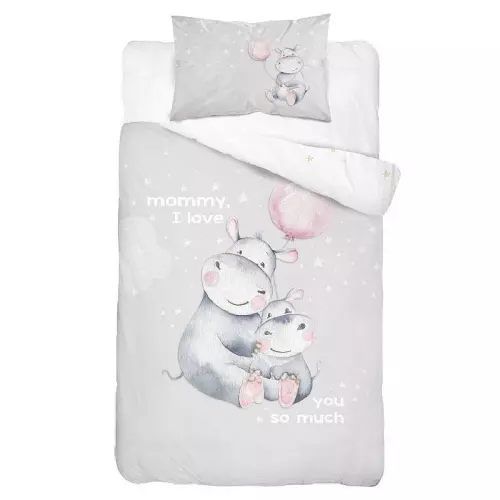 Bambusové povlečení do postýlky Hroch Love grey 100x135+40x60