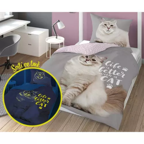 Bavlněné povlečení Kočka life 140x200+70x80 (svítící)