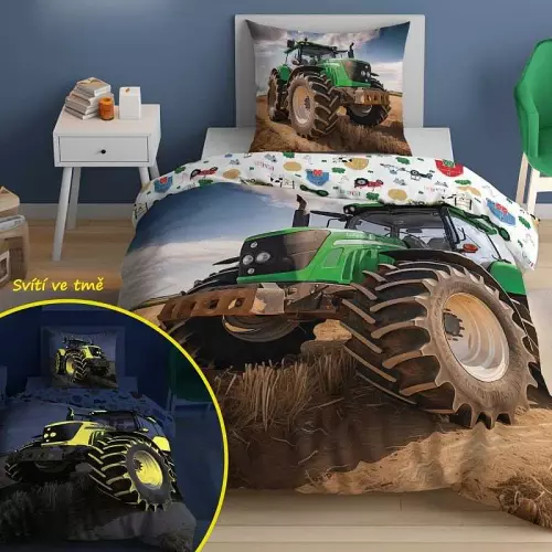 Bavlněné povlečení Traktor zelený 140x200+70x80 (svítící)